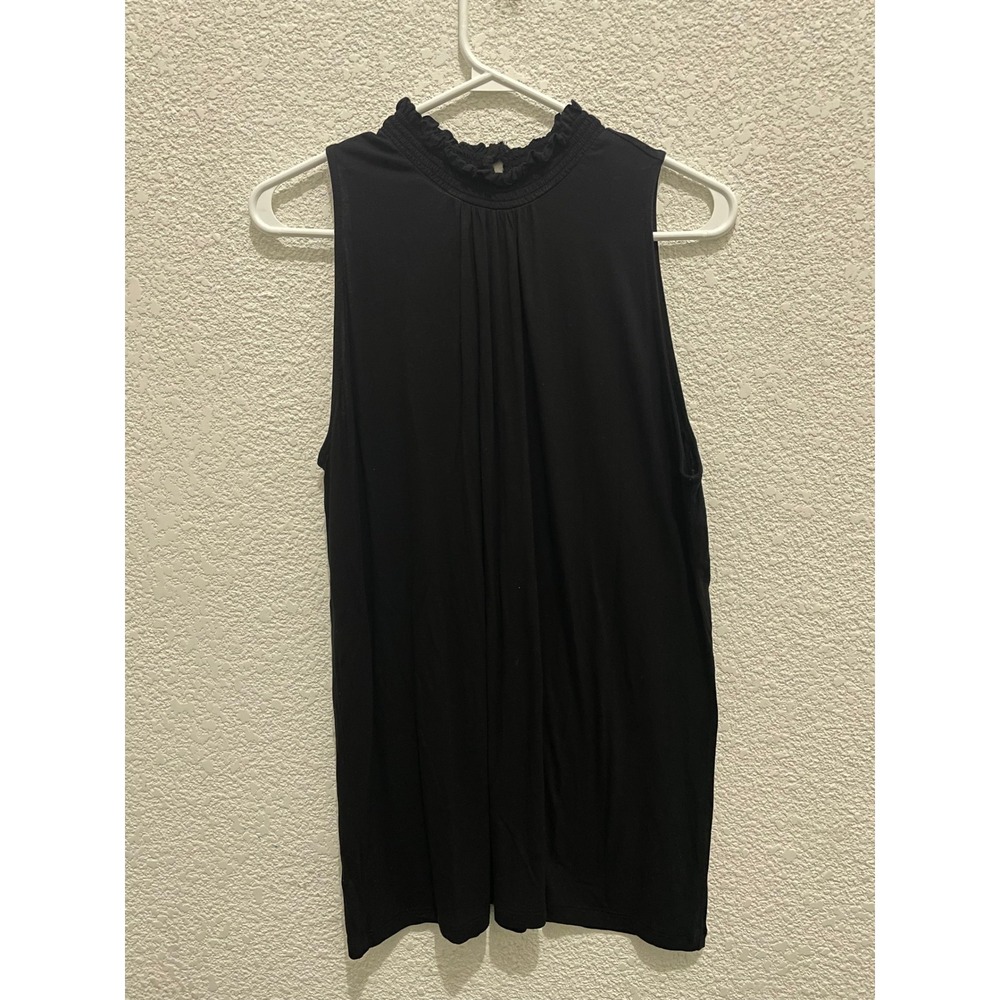 Ann Taylor Factory Petite Black Sleeveless Ruffle Mock Neck Blouse Top